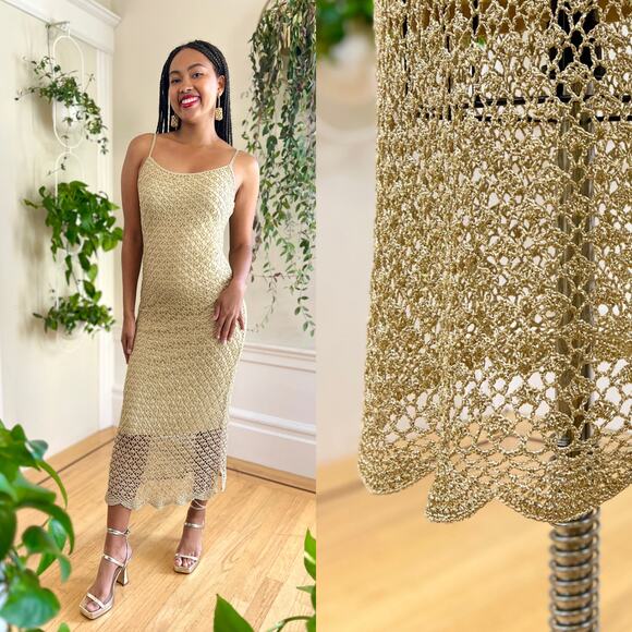 Vintage 2000s Party Dress Y2K CACHE Metallic Gold Crochet Spaghetti Strap Slip - Picture 1 of 11